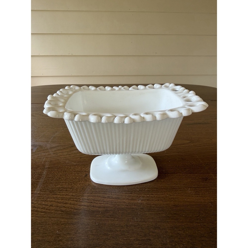 Vintage Indiana Milk Glass Rectangular Pedestal Candy Dish Open Lace Edge Rim